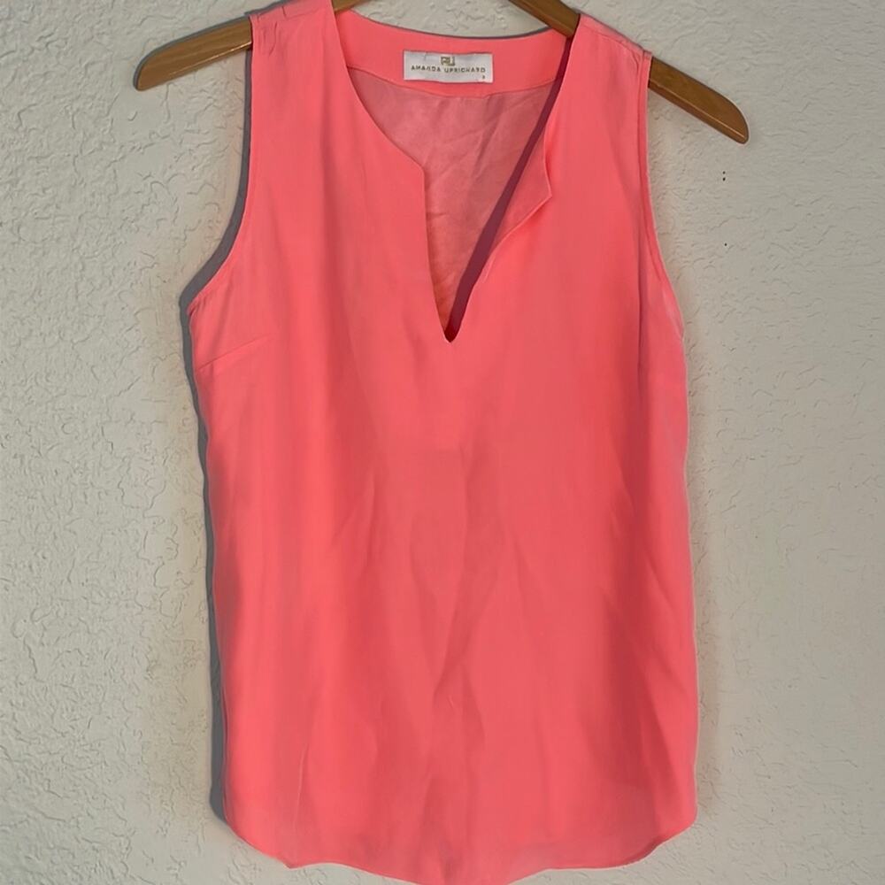 Amanda Uprichard 100% Silk Coral Sleeveless Blouse Top V Neck Preppy Office